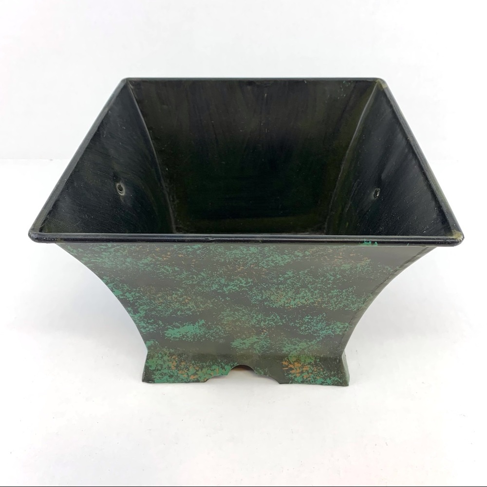 Square Tapered Metal Plant Cachepot Green with Contrasting Sponge Painting